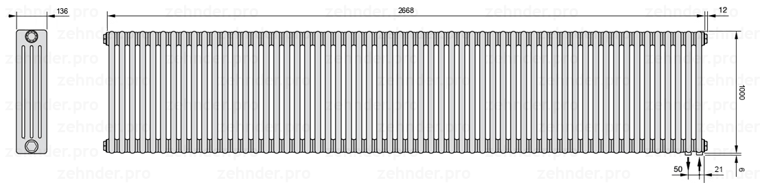 Схема (чертеж) Радиатор Zehnder Charleston 4100/58 №5510 Белый глянцевый RAL 9016
